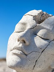 Poster - Remarkable closeup of a cracked stone face sculpture under a clear blue sky highlighting artistry and decay : Generative AI