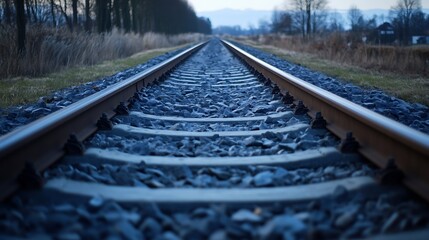 Poster - Quiet and Distant View of Train Tracks Through Grass Under a Moody Sky : Generative AI