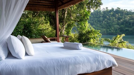 Aufkleber - Luxurious Bedroom with Cozy White Bedding and Stunning Tropical View : Generative AI