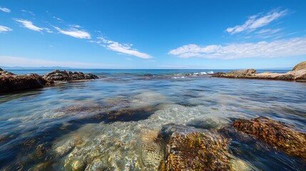Aufkleber - Clear blue ocean water with rocky shoreline and vivid sky under bright sunlight : Generative AI