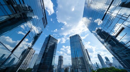 Poster - Modern Skyscrapers Reflecting Cloudy Blue Sky in Urban Cityscape : Generative AI