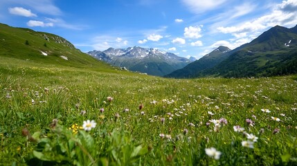 Poster - Vibrant wildflower meadow under a sunny sky with blooming flowers and mountains in the backdrop : Generative AI