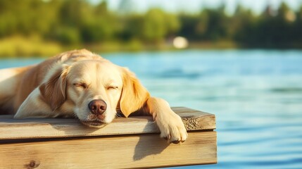 Aufkleber - Relaxed Golden Labrador Dog Sleeping Peacefully on a Dock by the Calm Lake Water : Generative AI
