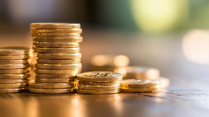 Aufkleber - Stack of shiny gold coins arranged beautifully on a wooden surface reflecting light showcasing wealth and prosperity : Generative AI