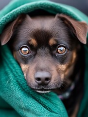 Poster - Cute Dog Wrapped in a Cozy Green Blanket with Expressive Eyes : Generative AI