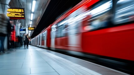 Aufkleber - Dynamic Motion Blur of a Red Subway Train Arriving at an Underground Station : Generative AI