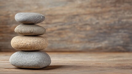 Fototapete - Stacked Stones on Wooden Surface Symbolizing Balance and Serenity in a Natural Setting : Generative AI