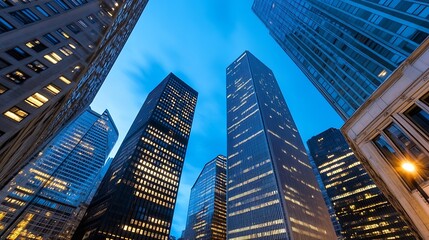 Poster - Stunning urban skyline with tall skyscrapers illuminated at twilight against a beautiful sky : Generative AI