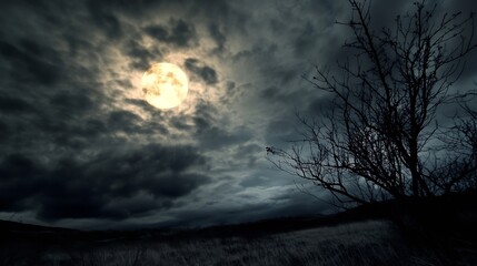 Poster - Dramatic Night Sky with a Full Moon and Cloudy Atmosphere Over a Dark Landscape : Generative AI