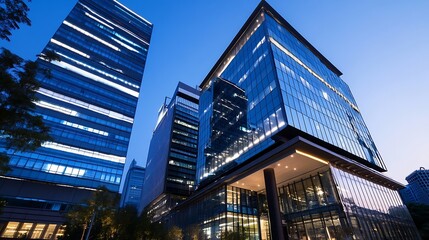 Wall Mural - Modern office buildings illuminated at dusk showcasing sleek glass architecture and urban skyline : Generative AI