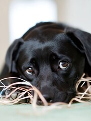 Poster - Gentle Black Dog with Soft Eyes Resting Comfortably on a Carpeted Surface : Generative AI