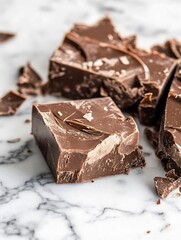 Aufkleber - Rich Dark Chocolate Pieces Broken on Marble Surface Ideal for Gourmet Desserts : Generative AI