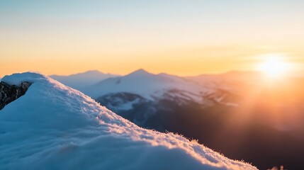 Wall Mural - Beautiful snowy mountain landscape illuminated by the warm glow of the sunset during winter : Generative AI