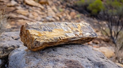 Poster - An exquisite piece of petrified wood nestled on a rock surrounded by a natural rugged landscape showcasing it's unique texture : Generative AI