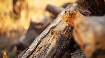 Aufkleber - Close Up of Log Pile in Natural Sunlight Showcasing Textured Wood : Generative AI
