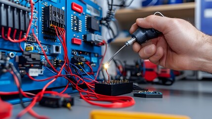 Leinwandbilder - Close up view of applying flux on an electronic circuit board before soldering to improve the and reliability of wire connections in the process of electronics repair maintenance and manufacturing