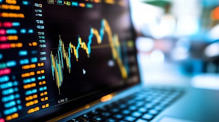 Fototapete - Stock Market Display Showing Financial Data Trends on a Laptop Screen with Vibrant Graphs : Generative AI