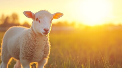 Poster - Adorable sheep standing in a sunlit field during golden hour with a warm glow highlighting its fluffy wool : Generative AI
