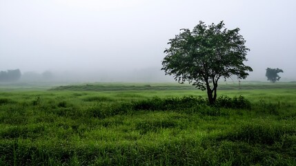 Aufkleber - Misty landscape with solitary tree surrounded by lush green grass in a serene natural setting : Generative AI