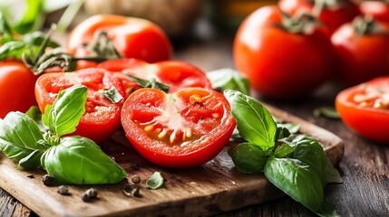 Poster - Fresh ripe tomatoes cut in half with basil leaves on a wooden cutting board : Generative AI