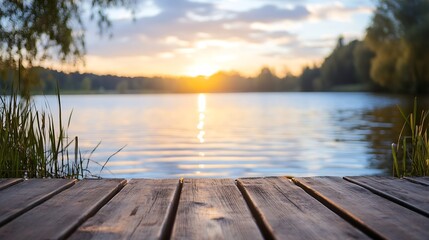 Wall Mural - Serene Sunset View Over Calm Lake with Reflections and Wooden Dock : Generative AI