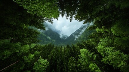 Poster - Aerial view of lush green forest surrounded by misty mountains under cloudy sky : Generative AI