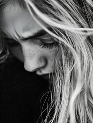 Aufkleber - Emotional portrait of a young woman with flowing hair showcasing deep contemplation in black and white : Generative AI