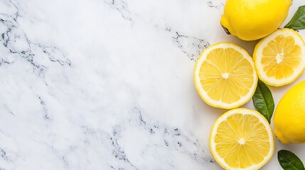 Poster - Fresh ripe lemons cut in half on a marble surface showcasing vibrant yellow color and texture : Generative AI