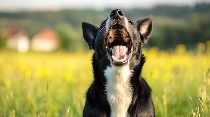 Poster - Happy dog with open mouth enjoying nature in a vibrant green field during a sunny day : Generative AI
