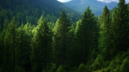 Wall Mural - Dense green forest filled with towering pine trees and sunlight filtering through the branches : Generative AI