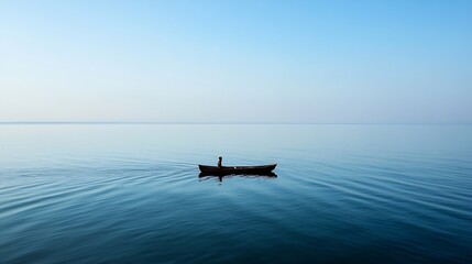 Poster - Solitary wooden boat gracefully floating on calm water under a clear sky signifying peaceful solitude and serenity : Generative AI