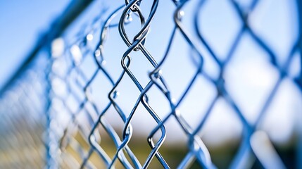 Aufkleber - Closeup view of a chain link fence showcasing its shiny metal texture and blue sky background : Generative AI