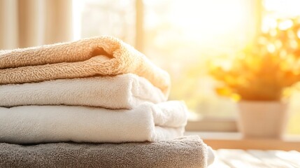 Poster - Cozy Stack of Soft Towels Bathed in Warm Sunlight Illuminating Home Decor : Generative AI