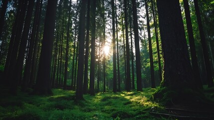 Aufkleber - Breathtaking Forest Landscape with Sunlight Streaming Through Tall Trees Creating a Mystical Environment : Generative AI