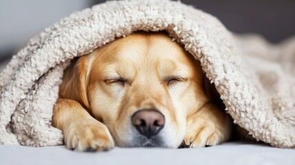 Poster - Cute sleeping dog wrapped in a soft blanket cozy and calm indoor atmosphere : Generative AI