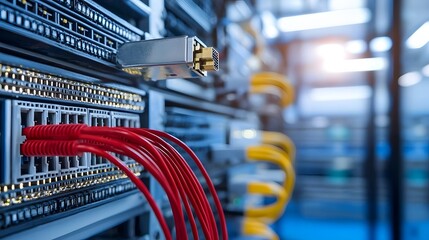 Poster - Closeup view of a technician s hands using an RJ45 crimping tool to connect Ethernet data cables for network infrastructure installation and maintenance in an office or IT workplace environment