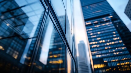 Poster - Urban skyline during twilight highlighting glass skyscrapers and reflecting golden city lights in a dynamic metropolitan scene : Generative AI