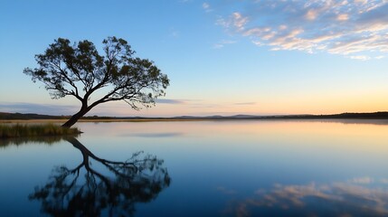 Poster - Serene Reflections of a Lone Tree on Tranquil Lake at Sunset : Generative AI