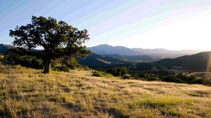 Poster - Lone Tree on a Rolling Hill Overlooking a Mountain Range Under Golden Sunset : Generative AI