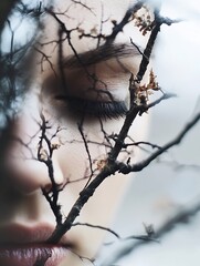 Aufkleber - Closeup of a serene woman obscured by branches reflecting a delicate beauty : Generative AI