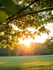 Fototapete - Beautiful sunset filtering through lush green leaves creating a warm glow in a serene park setting : Generative AI