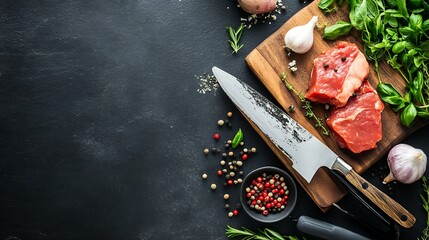 Aufkleber - Fresh Ingredients for Cooking with Raw Meat Herbs and Cooking Knife on a Rustic Wooden Cutting Board : Generative AI