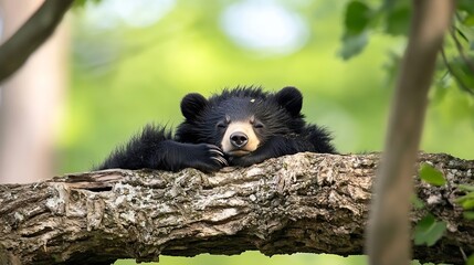relaxed black bear resting comfortably on a tree branch surrounded by green foliage : generative ai