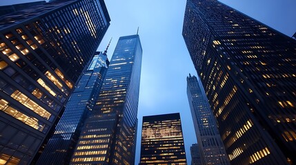 Poster - Illuminated skyscrapers towering against a dusk sky in a bustling modern city with lights reflecting from buildings : Generative AI