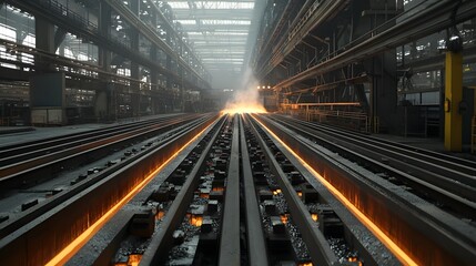 Poster - Continuous casting of molten steel slabs in a large industrial factory setting with heavy machinery equipment and intense lighting