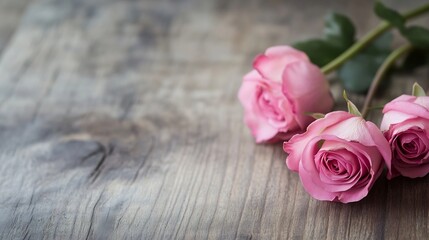 Poster - Beautiful pink roses arranged elegantly on a rustic wooden surface for stunning floral display : Generative AI