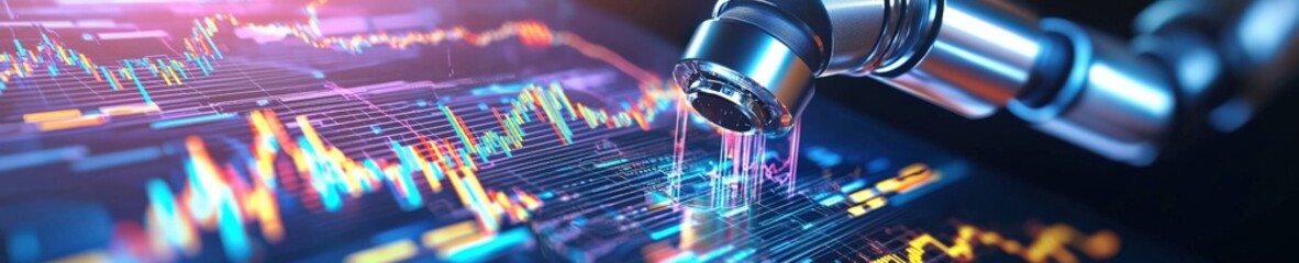 Poster - A futuristic depiction of technology merging with finance, showcasing data analysis and trading graphs. Ideal for finance and tech themes.