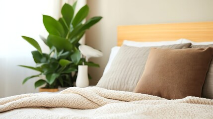 Aufkleber - Cozy Bedroom with Soft Textiles Green Plants and Warm Sunlight : Generative AI