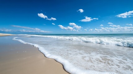 Canvas Print - Beautiful Shoreline With Foamy Waves and Bright Blue Sky Captured on a Sunny Day : Generative AI