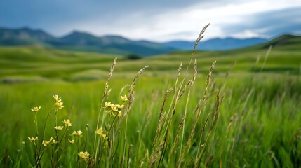 Poster - Serene landscape of tall grass and wildflowers against rolling hills : Generative AI